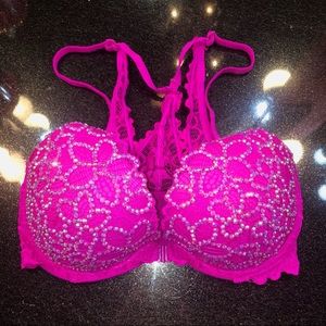 💖 LIKE NEW PINK Victoria’s Secret CUSTOM BLING RHINESTONE DATE PUSH UP BRA 32DD